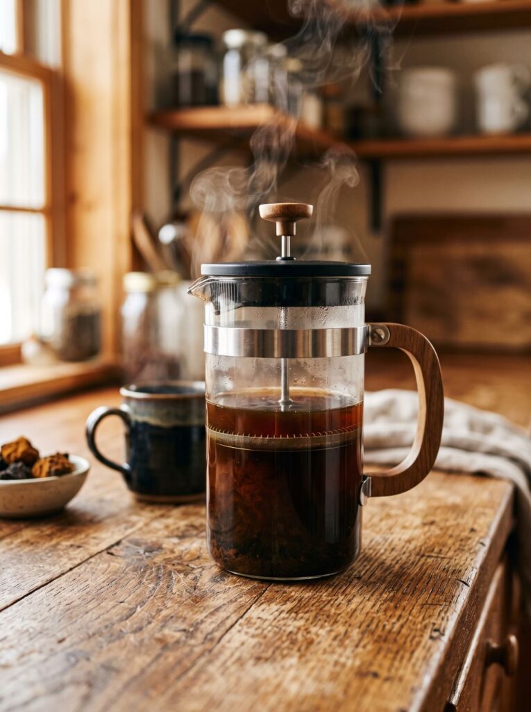 Czaga mielona parzona we french pressie — metoda "chaga jak kawa"